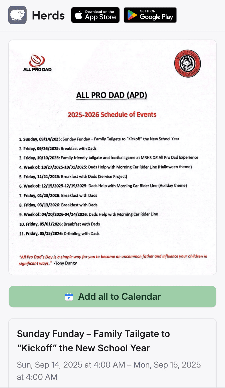 Public share page with flyer, add control, and event details