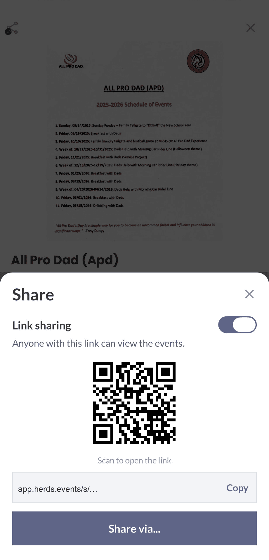 Share sheet with link sharing on, QR code, and copy link